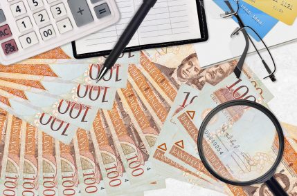 100 Dominican peso bills and calculator with glasses and pen